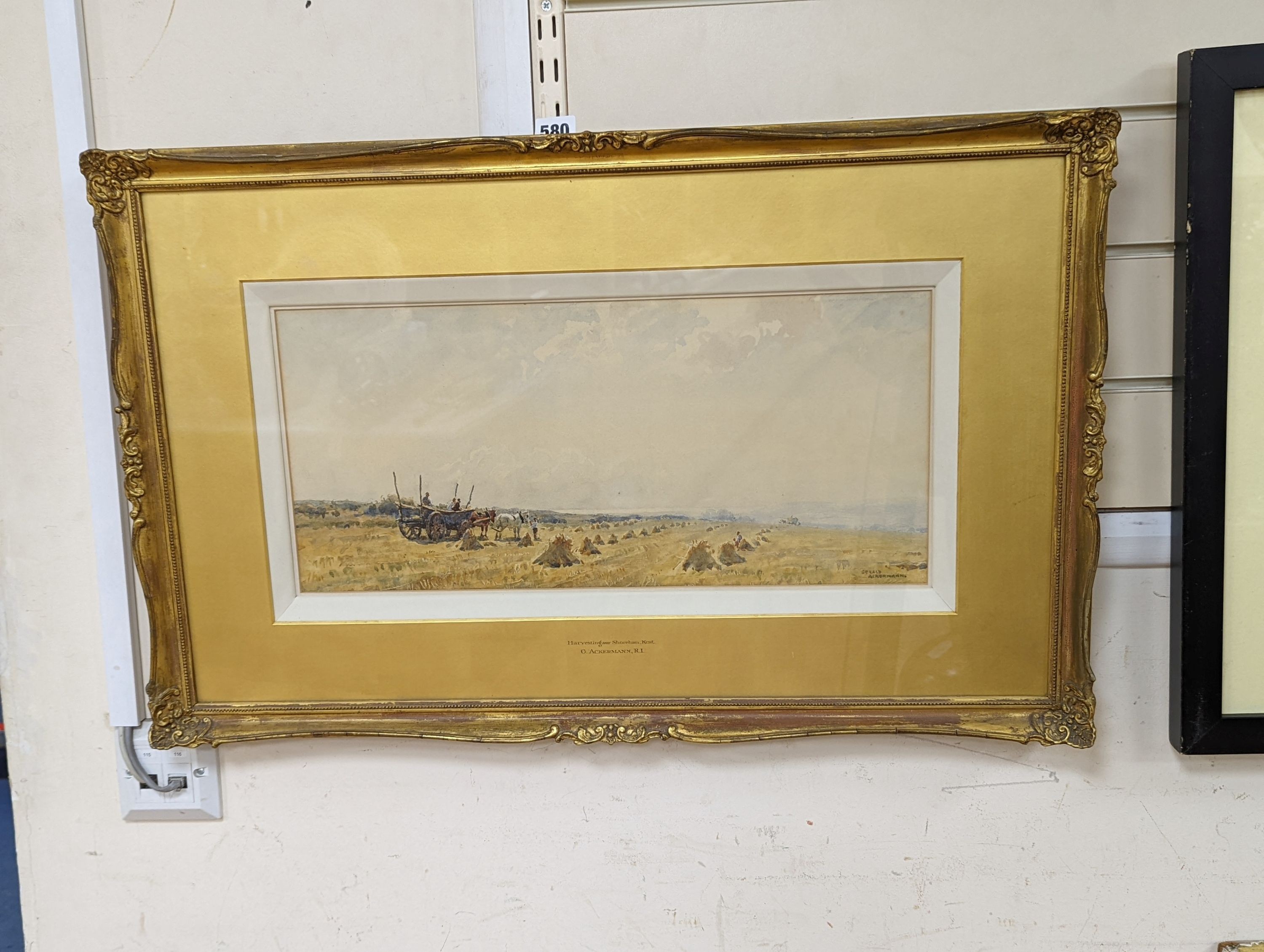 Arthur Gerald Ackermann (1876-1960), watercolour, 'Harvesting near Shoreham, Kent', signed, 23 x 50cm